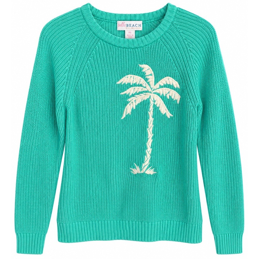 Belle Beach Aqua Palm Tree Sweater XS Coastal Beach Resort Vacation Knit Top